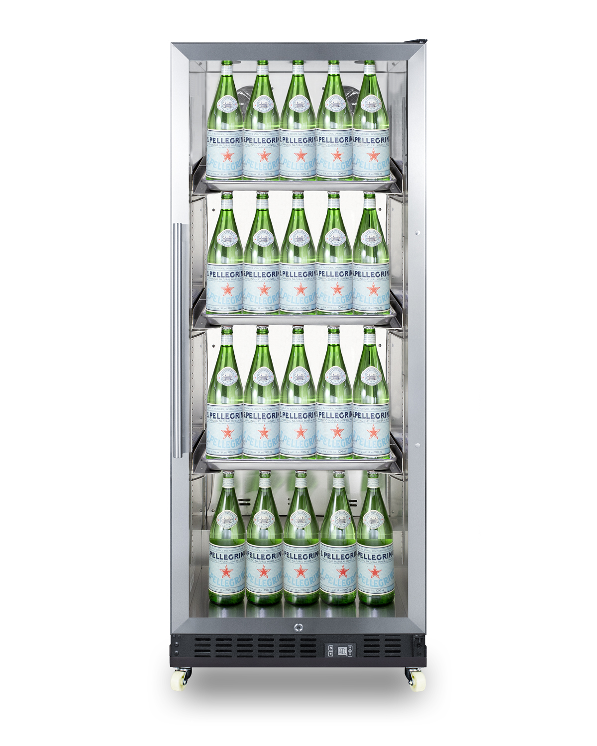 Commercial beverage merchandiser designed for the display and refrigeration of beverages and sealed food, with 11 cu.ft. capacity, SS interior, self-closing door, sheet pans and adjustable tray supports, chrome shelves, a digital thermostat, and removable dolly